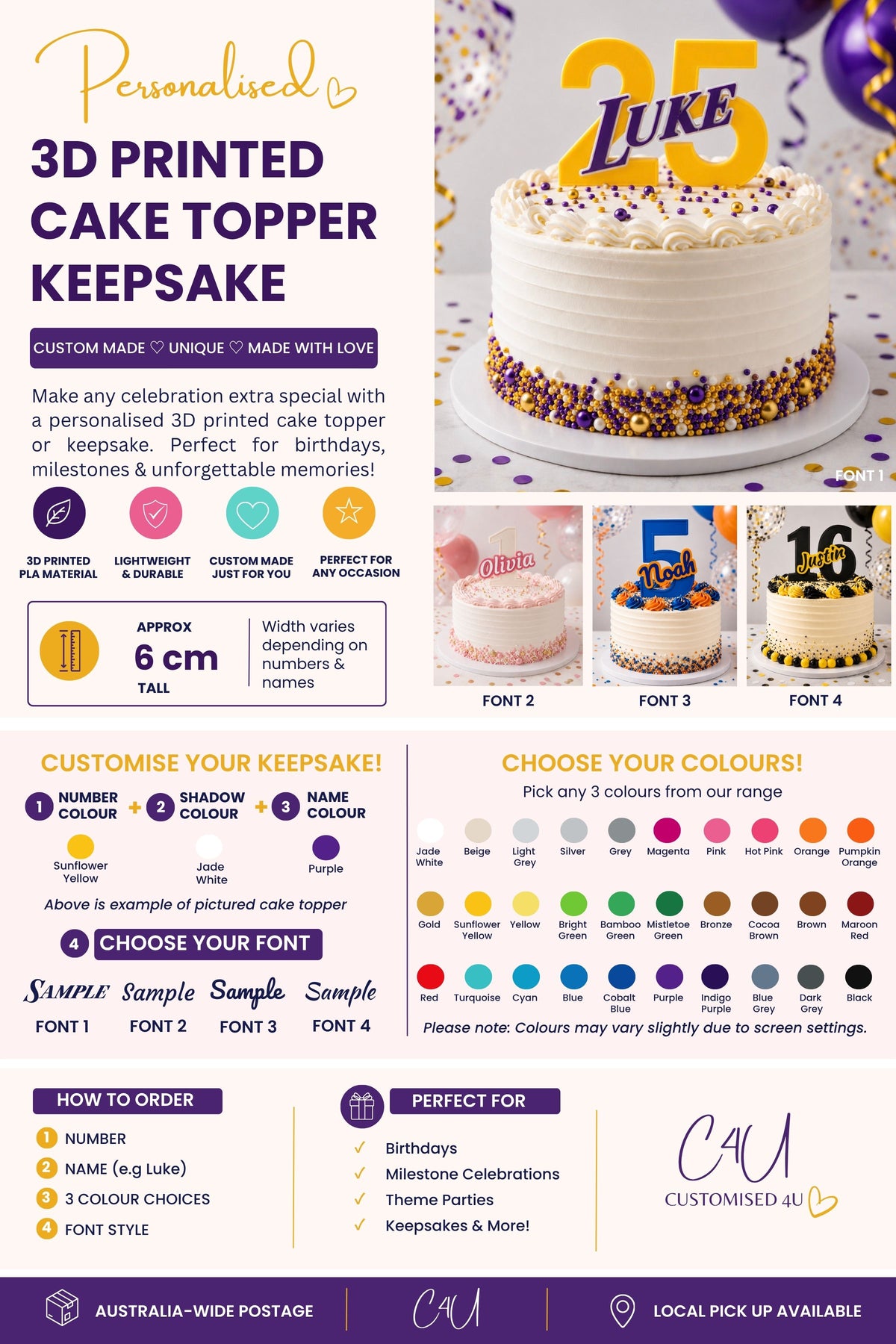 Personalised 3D Printed Cake Topper Keepsake